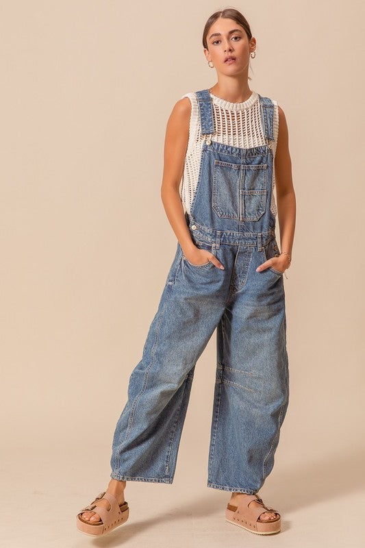Washed Barrel Denim Overalls