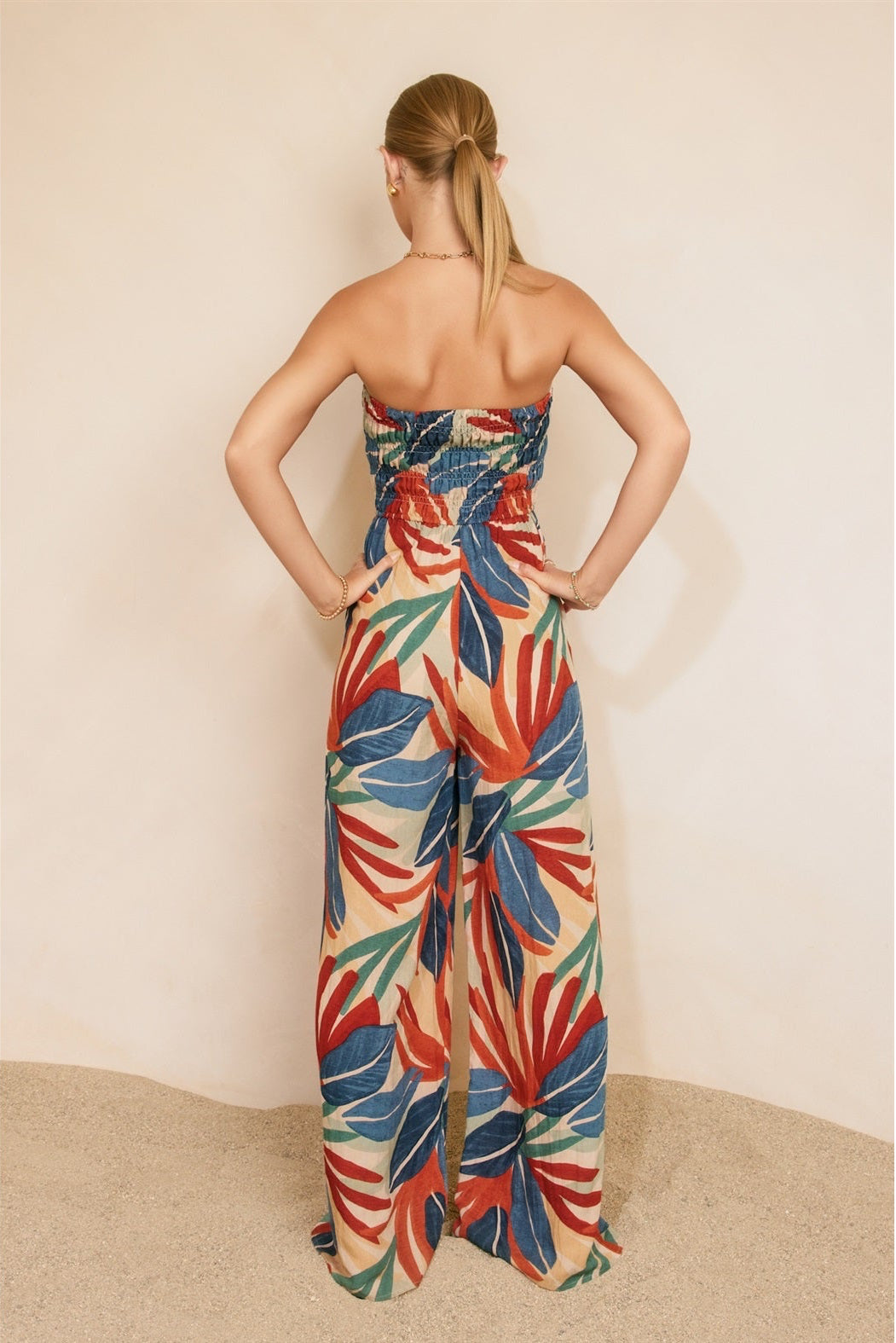 Tropical Leaf Smocked Strapless Jumpsuit