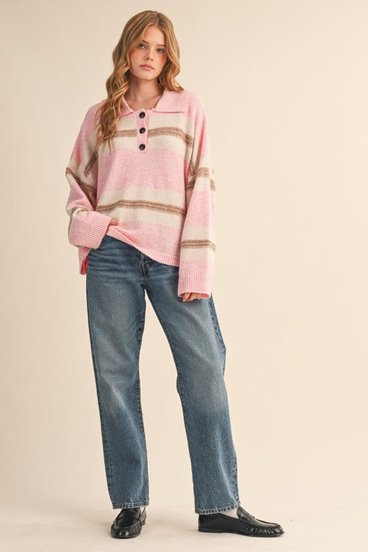 Try Me Pink Striped Rugby Sweater