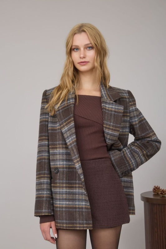 Autumn Plaid Notched Collar Blazer Coat