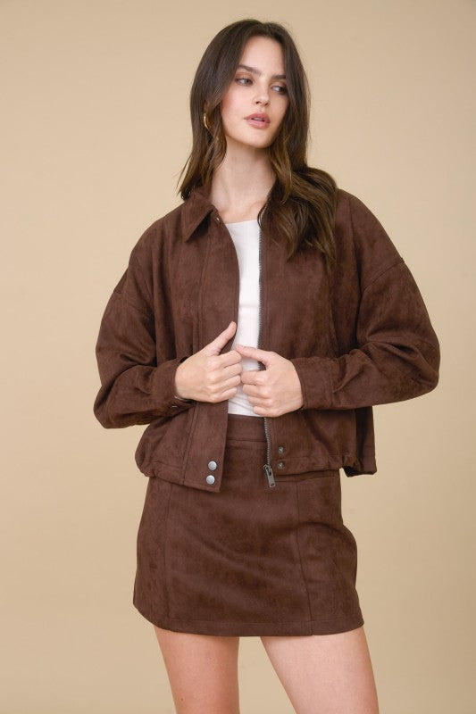 In Flight Faux Suede Bomber Jacket
