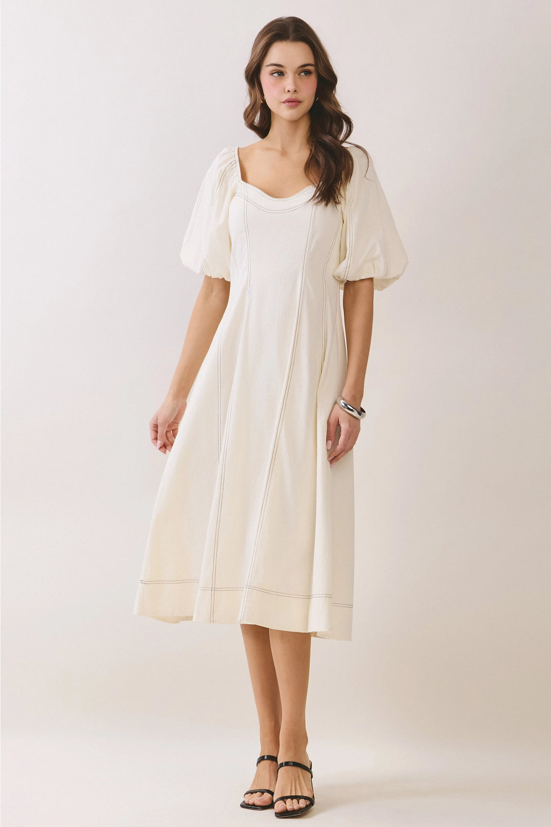 evelina midi dress EVELINA Micro Button Detail Fluted Sleeve Midi Dress In Powder Blue