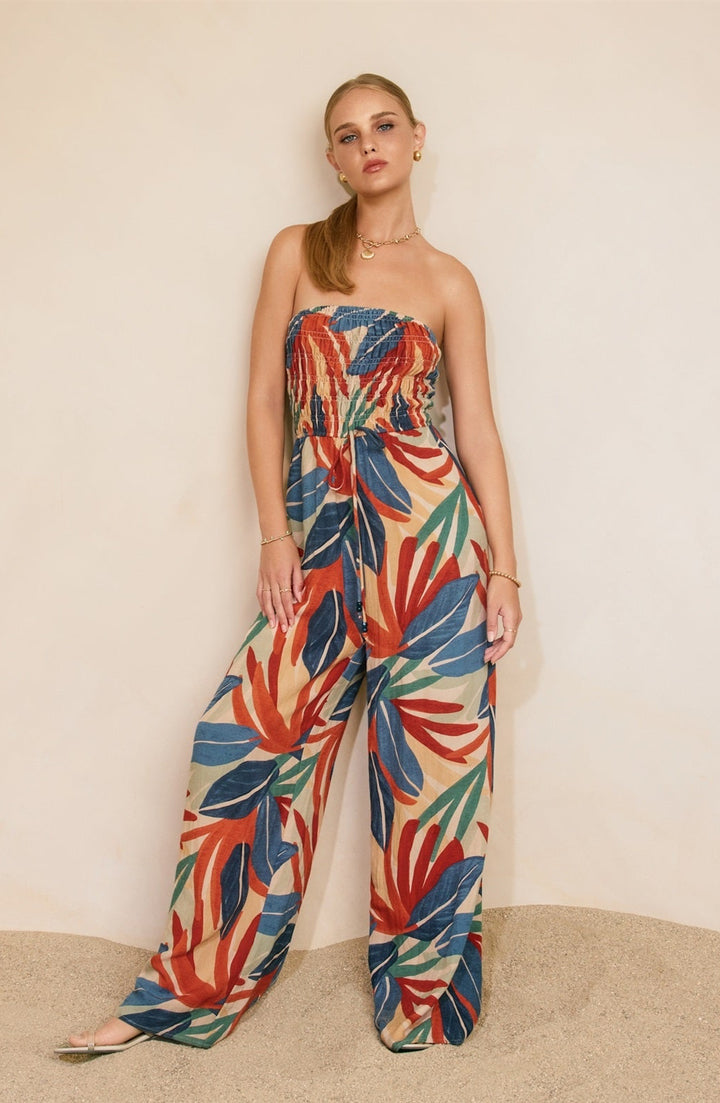 Tropical Leaf Smocked Strapless Jumpsuit