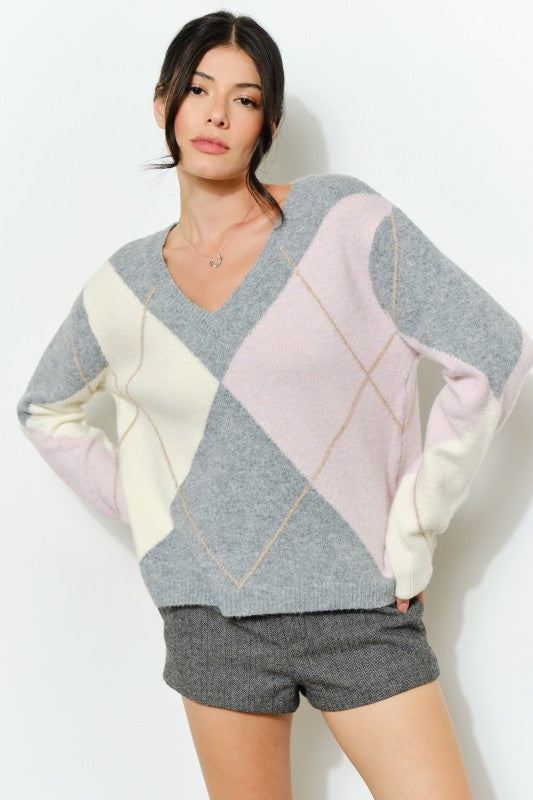 Preppy Argyle Vneck Sweater