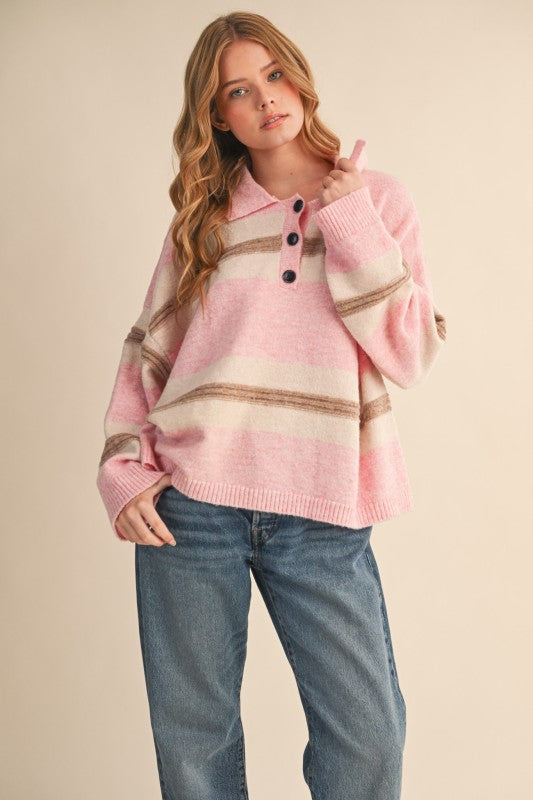 Try Me Pink Striped Rugby Sweater