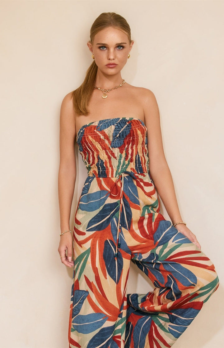 Tropical Leaf Smocked Strapless Jumpsuit