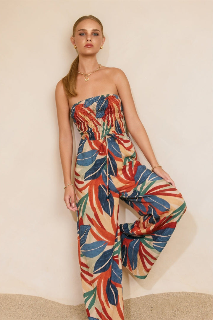 Tropical Leaf Smocked Strapless Jumpsuit