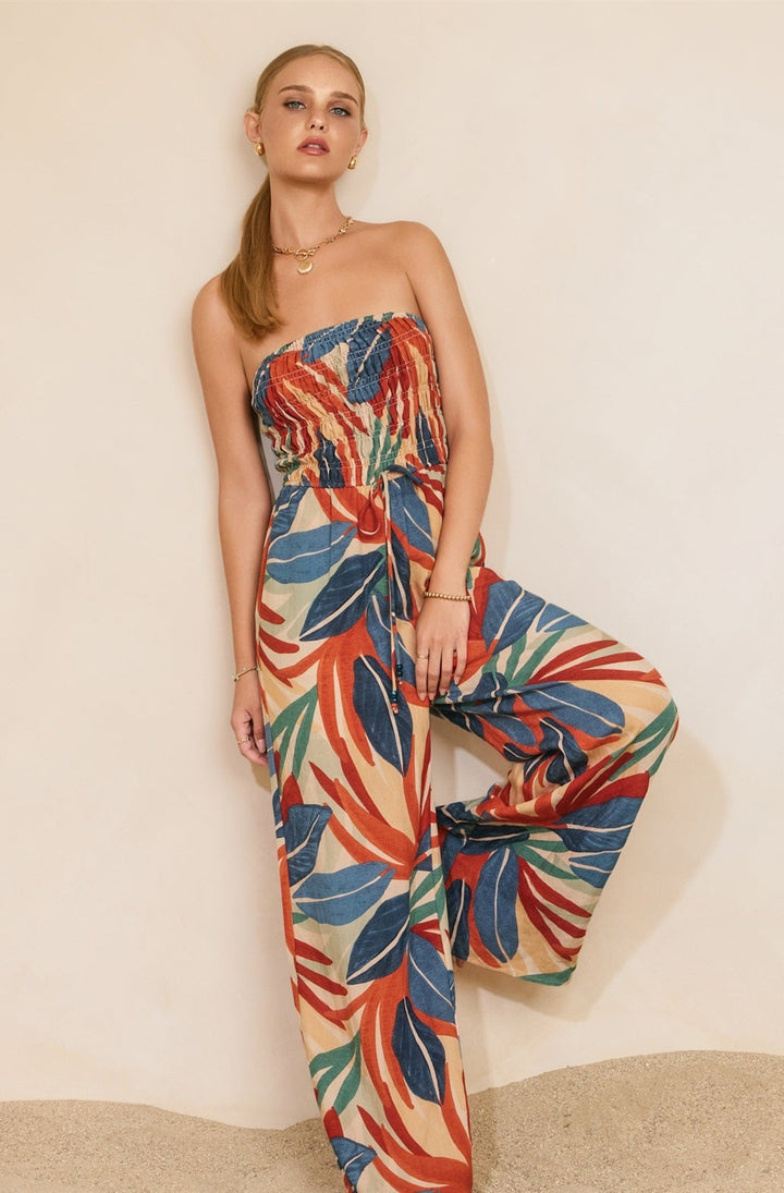 Tropical Leaf Smocked Strapless Jumpsuit